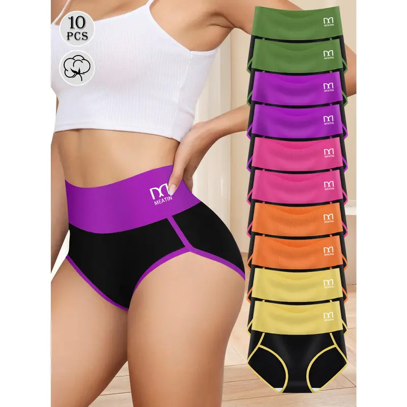 QUASTI Women's High-Waisted Contrasting Stripe Print Panties (10pcs/5 Colors) - Elastane Cotton Blend, Breathable Stretchy Sporty, Simple Cut, Full Coverage, Tummy-Smoothing & Supporting, Foldable, Fit, S-XXL, Cotton Underwear for Women