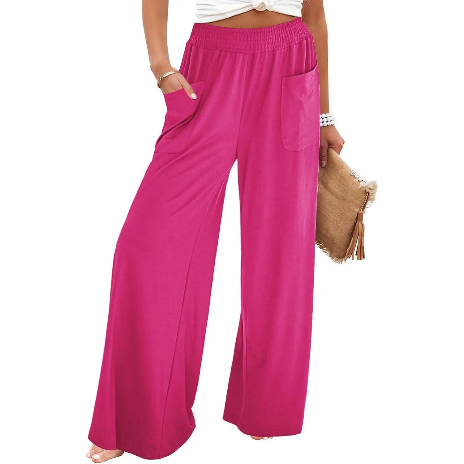 Wide Leg Pants for Women High Wasited Baggy Palazzo Pants Casual Pull On Bell Bottom Smocked Elastic Waist Pants