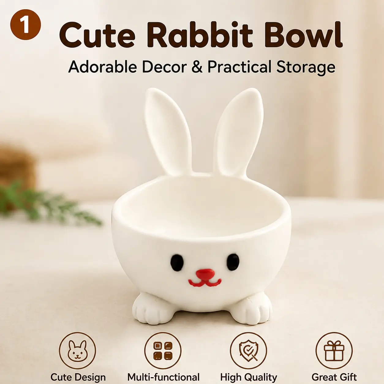 Cute Bunny Bowl Decor, Mini Rabbit Trinket Dish & Small Storage Organizer, Adorable Desktop Decorative Bowl for Jewelry, Keys, Candy, Bedroom, Office & Easter Decor