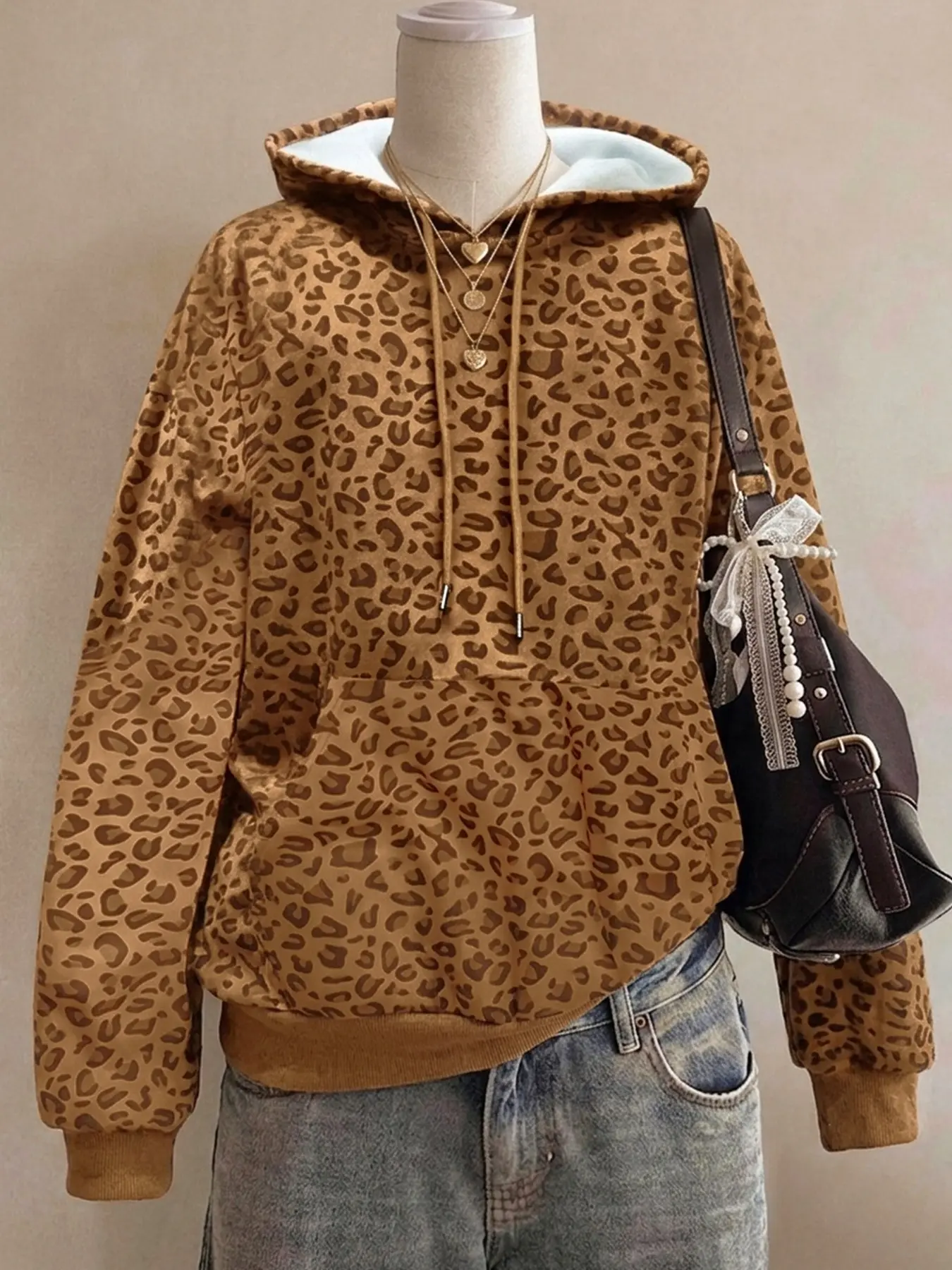 Women's Casual Leopard Print Hoodie, Long Sleeve Fitted H-Type, Fall & Winter Fashion, Daily Wear, College Style