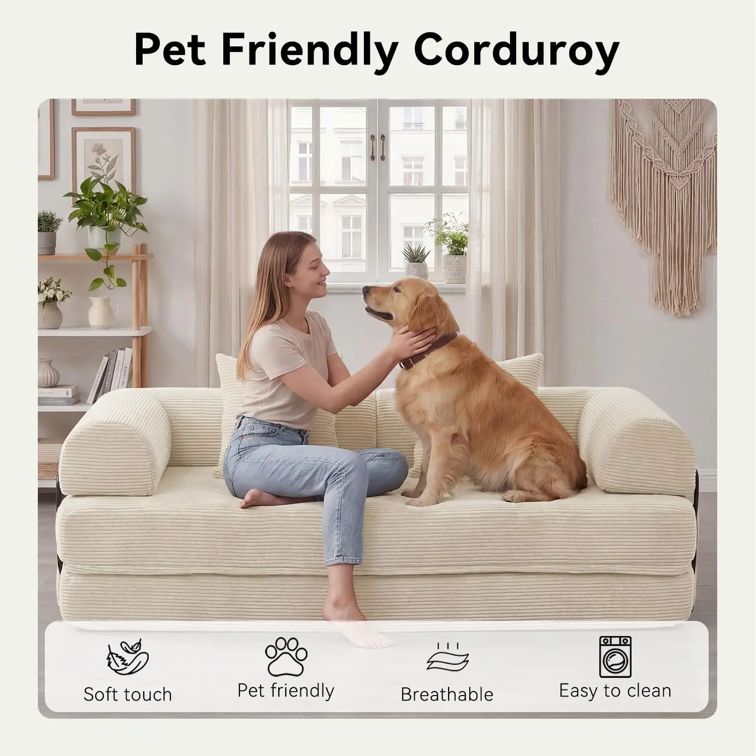 Convertible Sofa Bed - 79in Fixed Frame Folding Floor Mattress with Connecting Zippers, Space-Saving Sleeper, Living Room Furniture, White, Convertable Sofa Bed