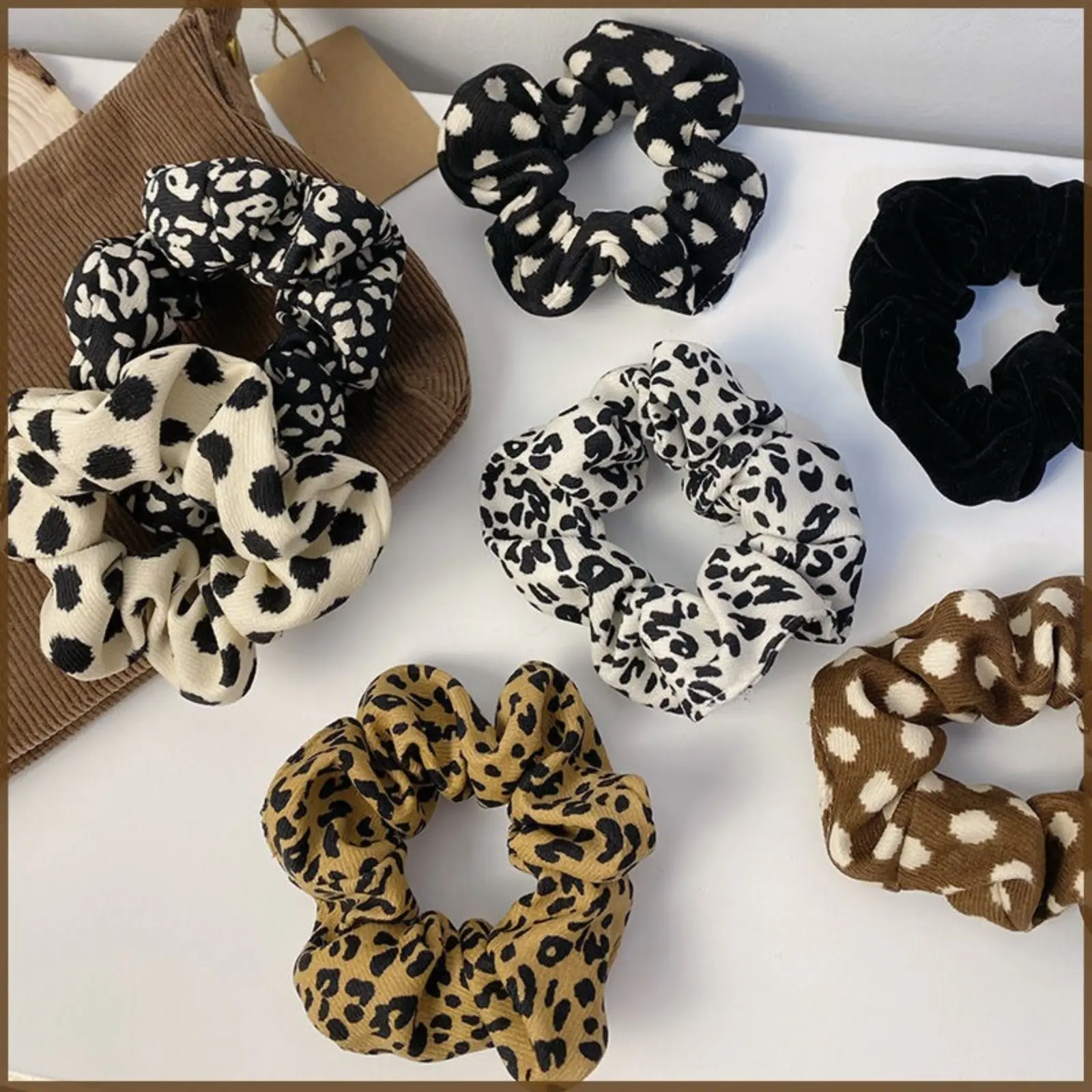 Women Fabric Scrunchies, Trendy Leopard & Polka Dot Hair Ties, Vintage Pattern Large Hair Scrunchy, Soft Cloth Elastic Ponytail Holder, Stretch Non Slip Thick Hair Accessories, For Daily Hairstyle Casual Travel Dating Outfits