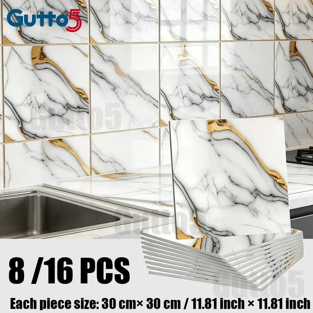 Pack of 8 pieces/16 pieces, boxed self-adhesive imitation ceramic tile wallpaper, Marble, Marble tile stickers, high gloss surface, suitable for DIY wall renovation, peel and paste, suitable for kitchen, bathroom - Gutto5