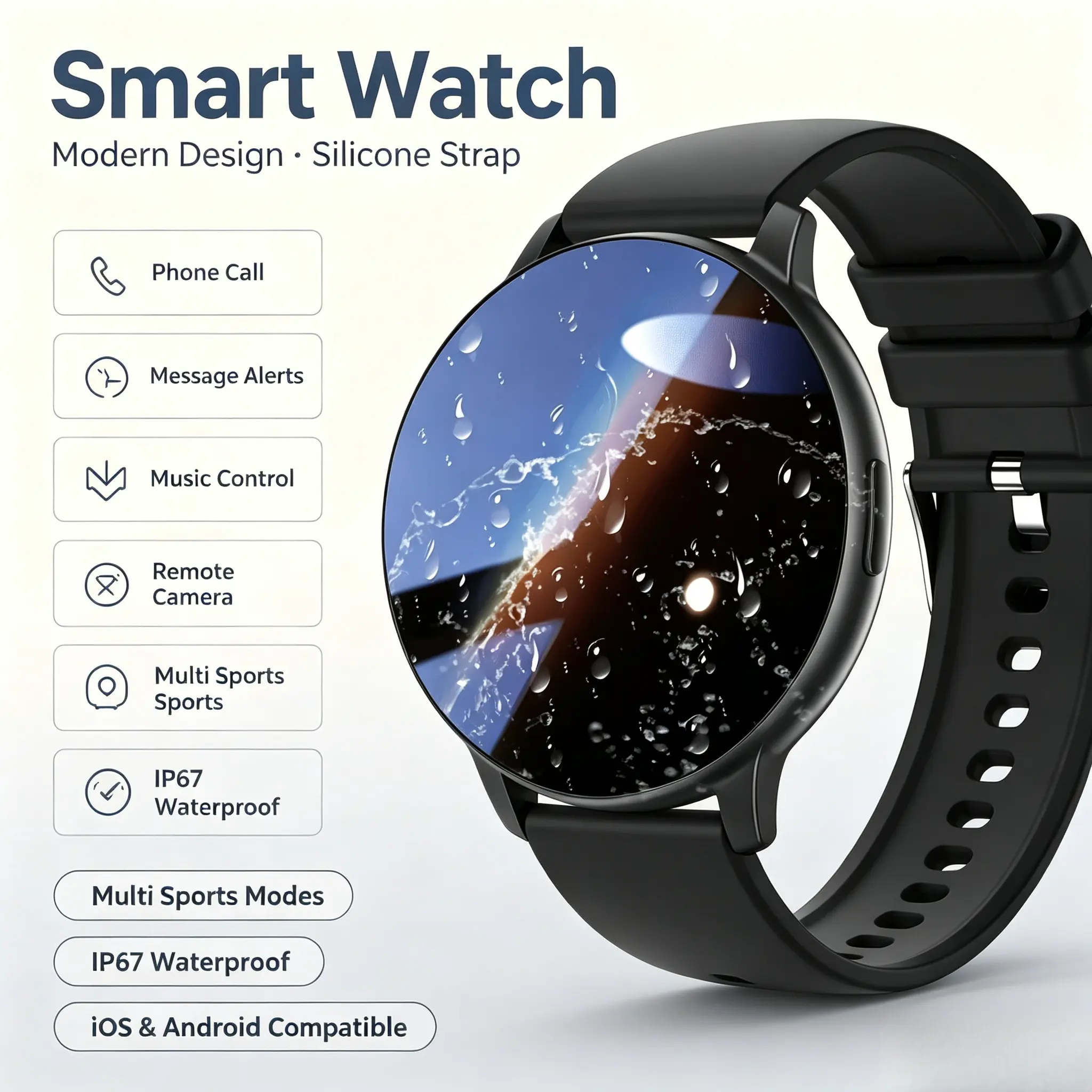 Unisex IP67 Smart Watch with Silicone Strap, Modern New Design, Bluetooth Call & Message Notifications, Multiple Sports Modes, Remote Camera Control, Compatible with iPhone & Android, Ideal Valentine's Day Gift