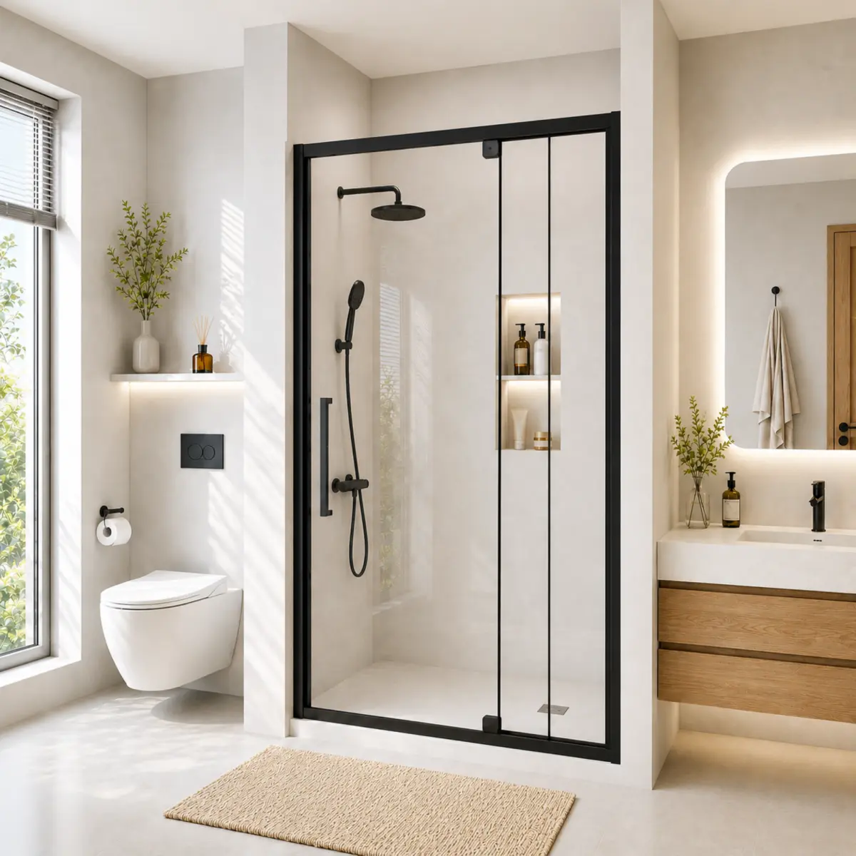 56-60" W x 72" H Semi-Frameless Pivot Shower Door – 1/4" (6mm) Tempered Safety Glass, Matte Black Finish, Reversible Left/Right Installation, Durable Stainless Steel Hinges, Modern Frameless-Look Bathroom Upgrade