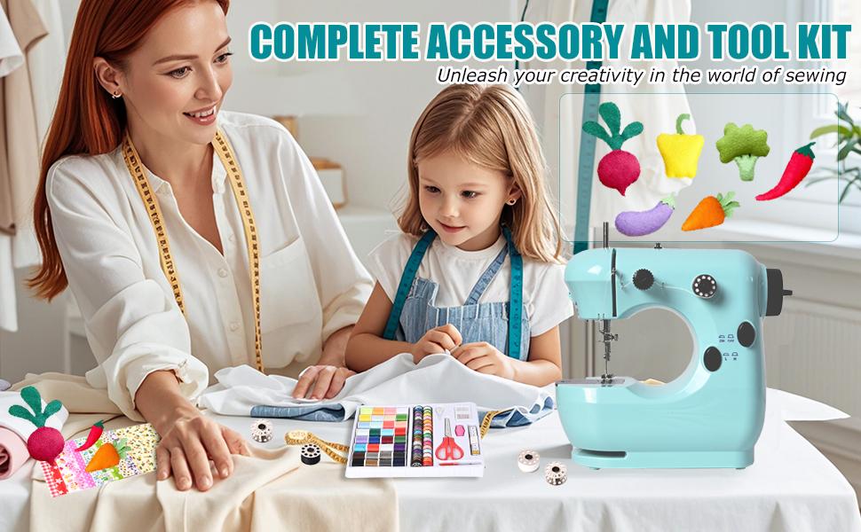 Sewing Machine for Beginners, Mini Sewing Machine for Kids & Adults with Large Extension Table, LED Light, 2 Speed Foot Pedal, Sewing Kit with 127 Accessories(Cyan)