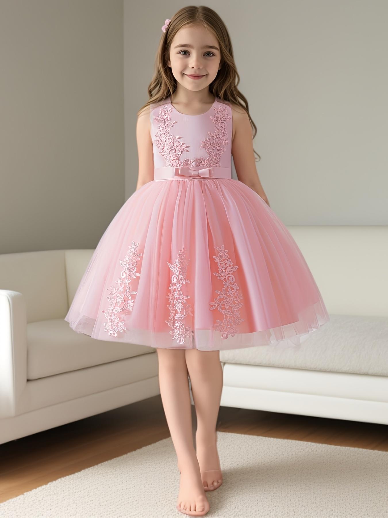 Girls Princess Dress Lace Mesh Flower Girl Wedding Stage Runway Sleeveless Midi Crew Neck Embroidered Tie Back Flared Hem All Season Non Stretch Formal Dresses