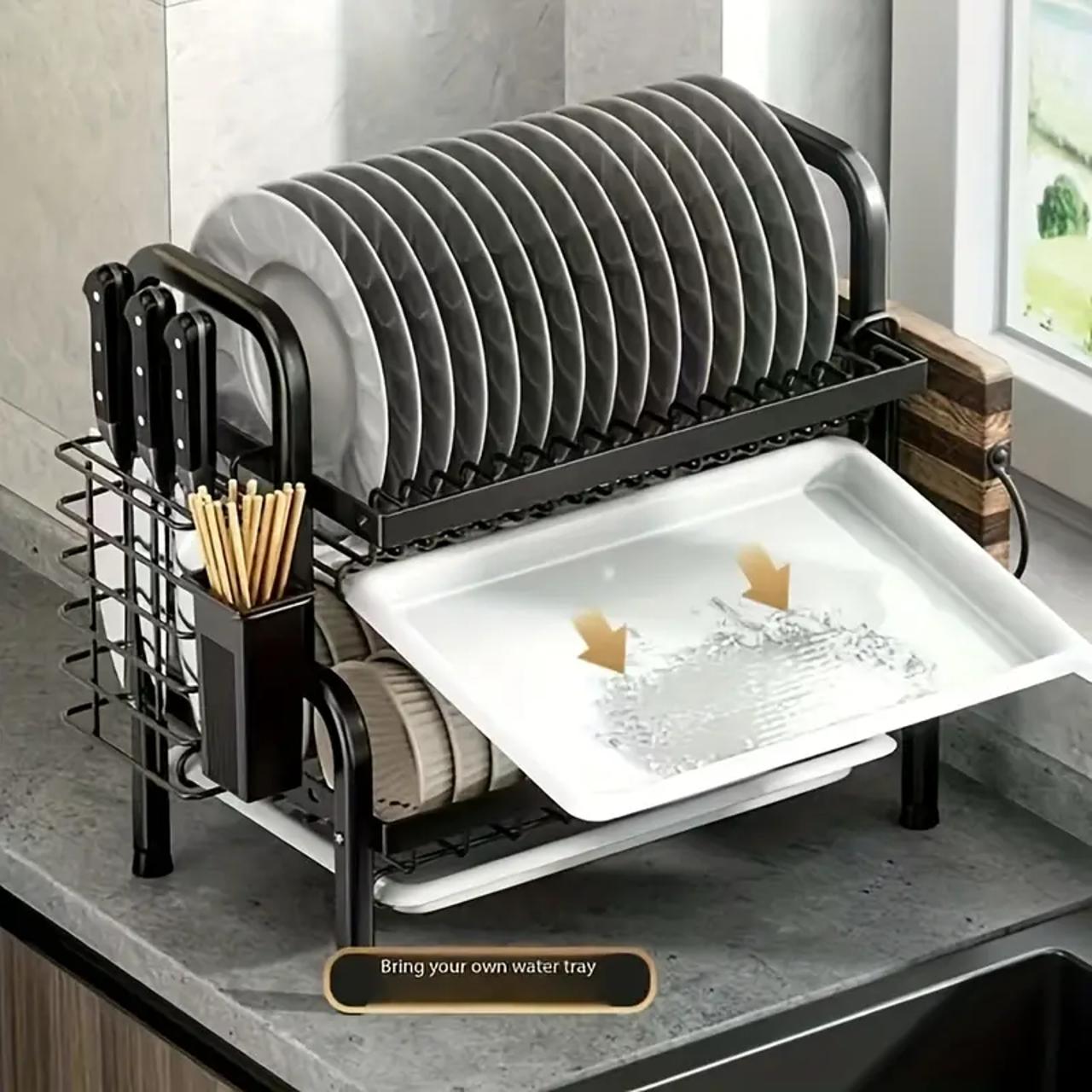 Large Capacity Double Layer Dish Rack, Dish Drying Organiser, Kitchen Storage Rack with Cutlery Holder, Kitchen Utensil Organizer, Kitchen Accessories