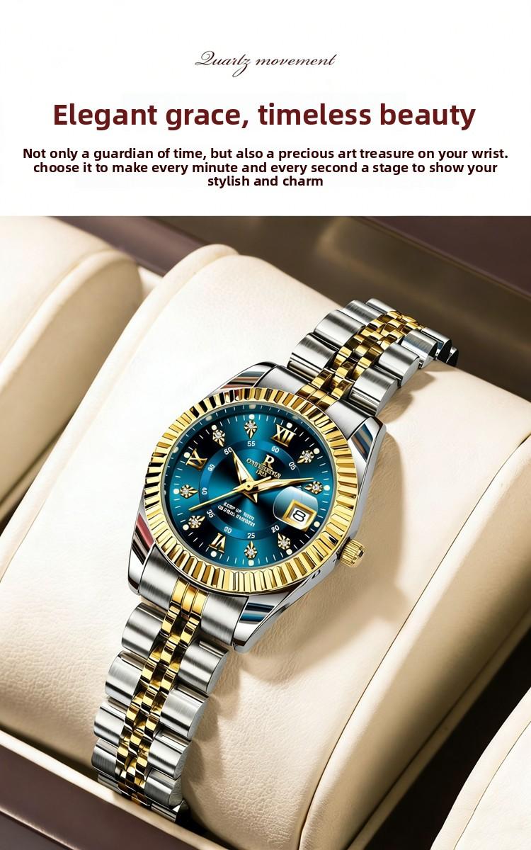 Elegant Women's Luxury Blue Dial Quartz Watch - Two-Tone Gold Silver Stainless Steel Wristwatch with Date, Sparkling Crystal Markers, Roman Numerals, Stylish Dress Watch for Ladies, Perfect Gift for Wife Girlfriend Mom