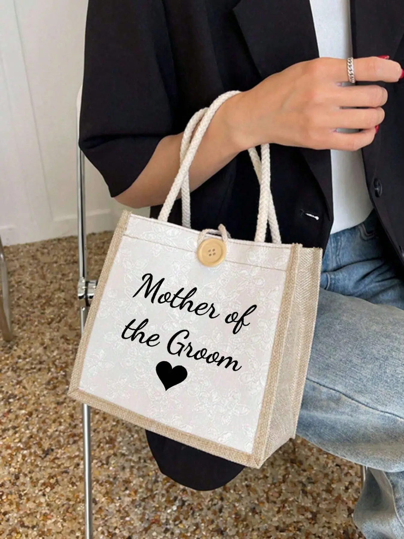 1pc Bride Mother Wedding Burlap Handbag, Lace Embossed Hemp Rope Handle, Button Closure, Vintage Bridal Gift Tote, Large Capacity Bag