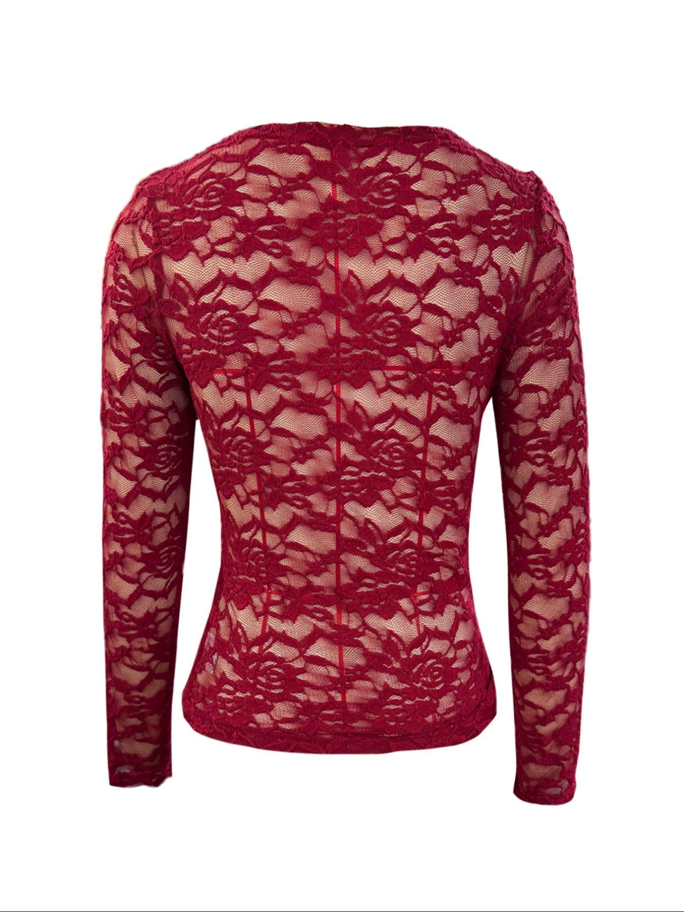 Elegant Women's V-Neck Fan Collar Plain Long Sleeve Slim Fit Lace Blouse, Sexy Style, Perfect for Casual Wear