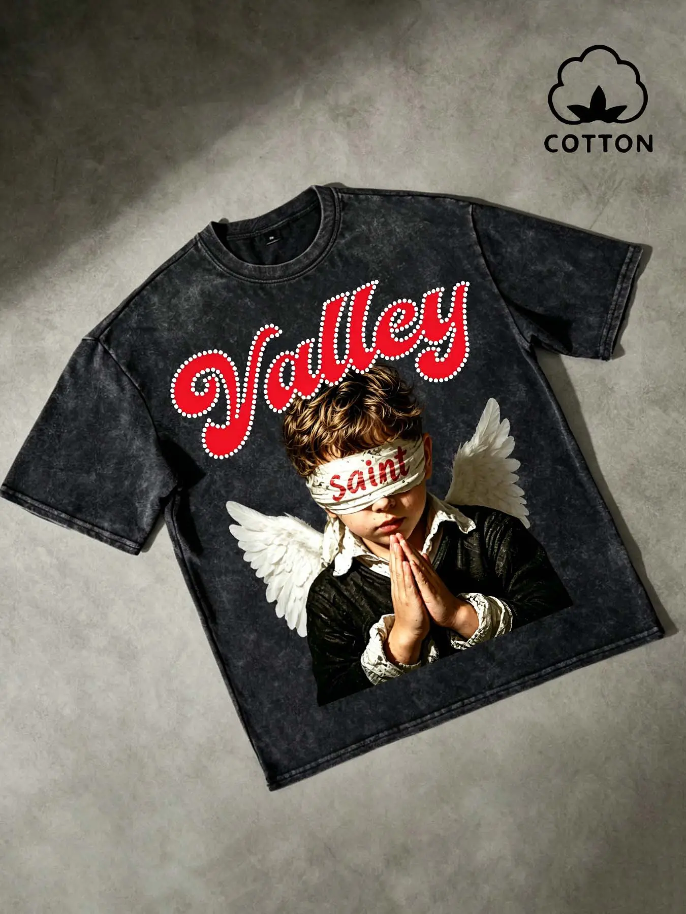 100% Cotton! Vintage Washed Black Angel Boy Pattern T-Shirt, Saint Print, Street Style Y2K Casual Sporty Loose Cotton T-Shirt
