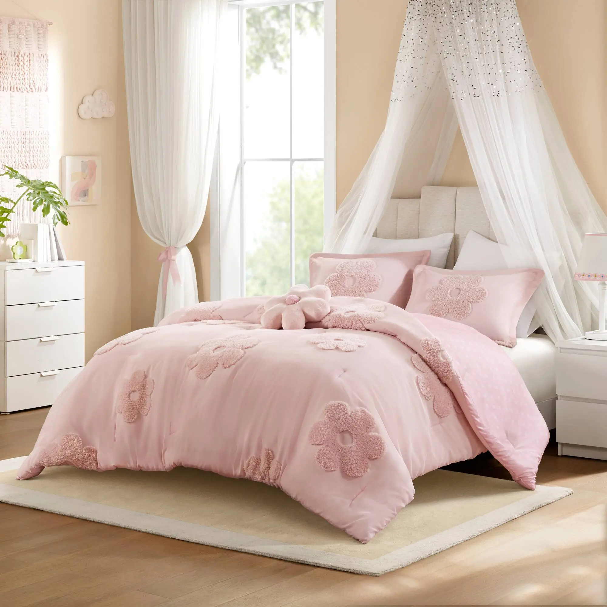 Nokaa 4-Piece Full/Queen Floral Reversible Tufted Chenille Comforter Set with Flower Throw Pillow, Pink, Soft All-Season Bedding for Bedroom, Guest Room, Dorm, Machine Washable