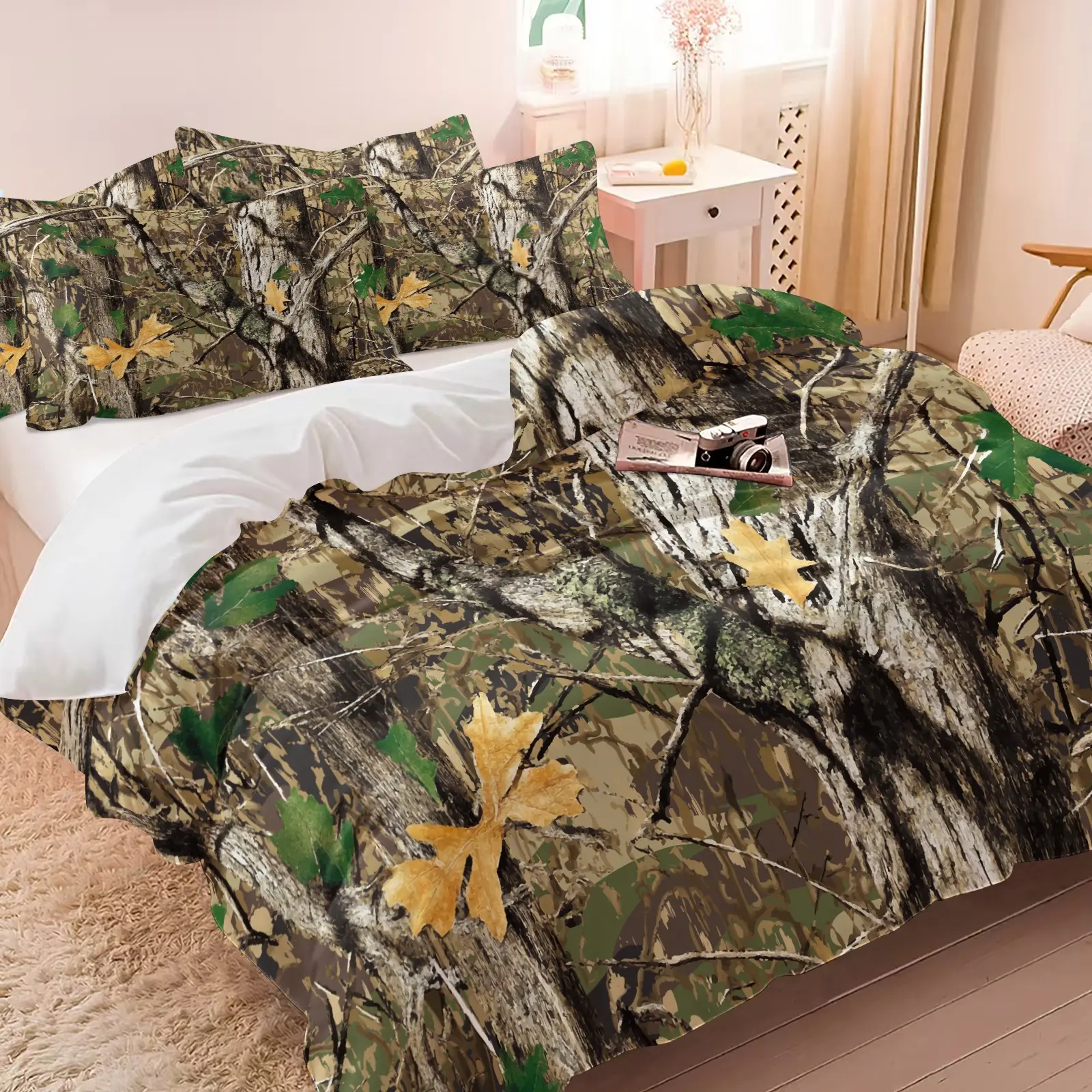 Rustic Hunting Forest Camo Duvet Cover Set, Includes 1 Duvet Cover and 1-2 Pillowcases, Woodland Forest Leaf Camouflage Print Bedding Set, Outdoor Hunter Themed Bedroom Decor for Cabin, Farmhouse & Masculine Men Spaces, Cozy Bedding Set