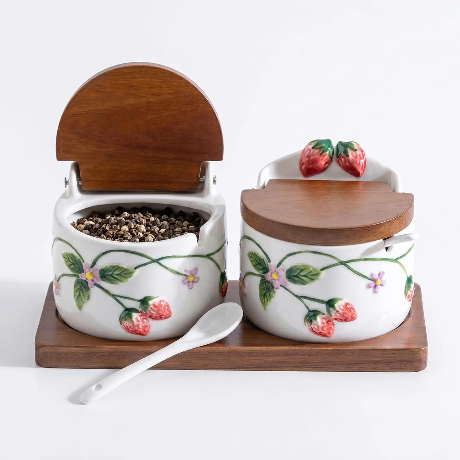 Ceramic Strawberry Salt and Pepper Cellar Set of 2 - Rustic Farmhouse Look Cottagecore Kitchen Decor, Includes Spoons, Lids, Tray for Seasoning, Sugar Organization Storage Jars