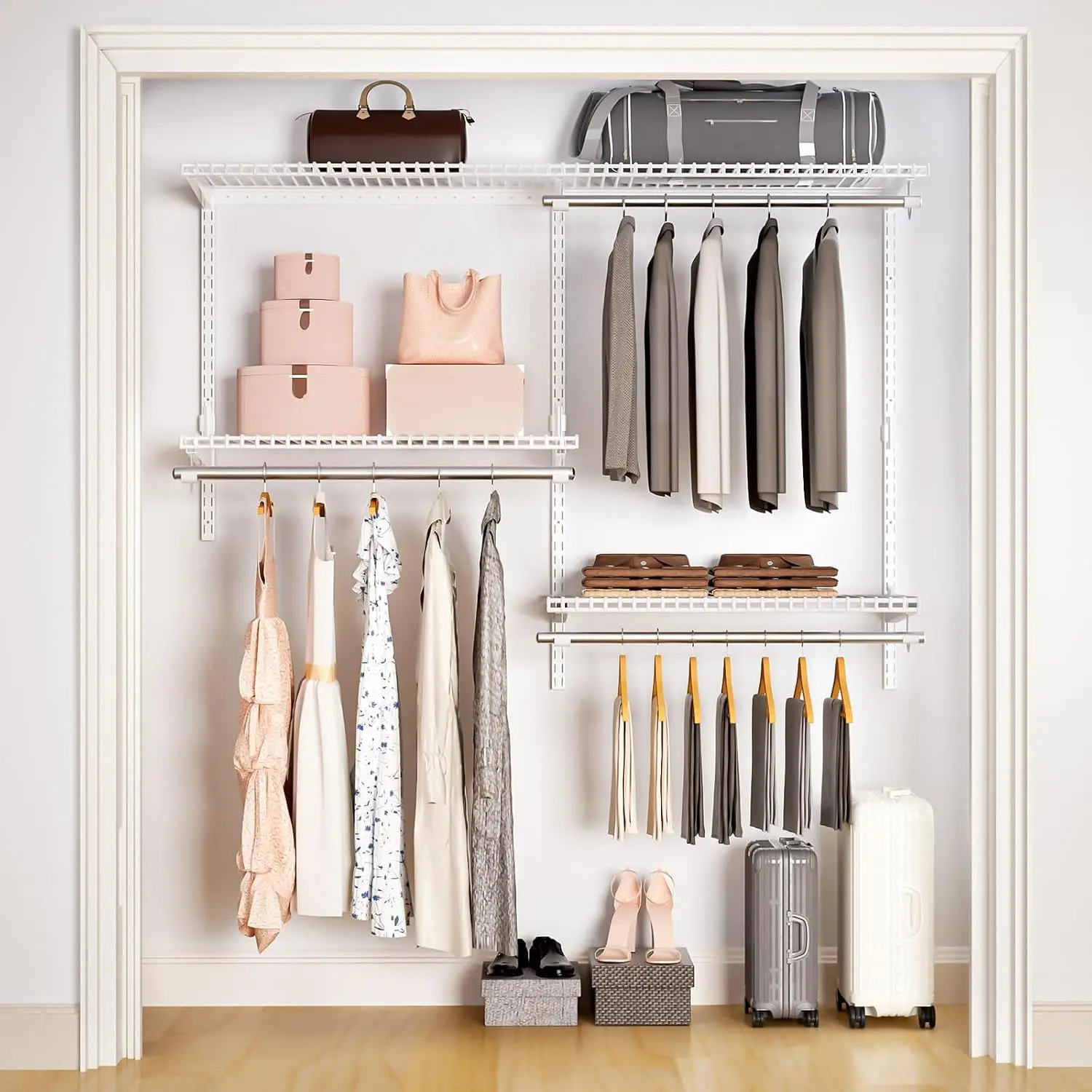 Sturdy Closet Organizer System: 4.4 Ft. Custom Metal Wire Shelving | Wall Mounted Closet Kit for Bedrooms Laundry Mudroom - Adjustable Storage Shelves for Clothes Handbags - Easy to Assemble