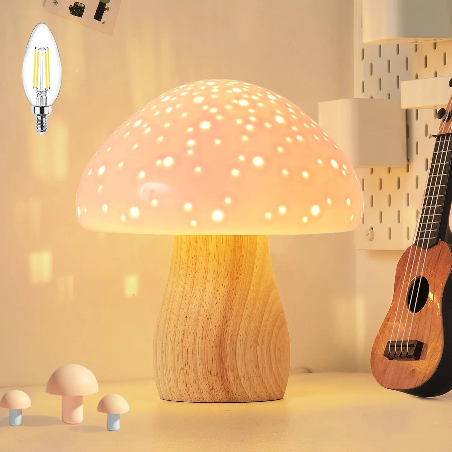Mushroom Lamp Ceramic Bedside Table Lamp, Pink | Vintage Cute Night Light Small Aesthetic Nightstand Lamp for Living Room Bedroom Kids Desk Home Decor, LED Bulb Included