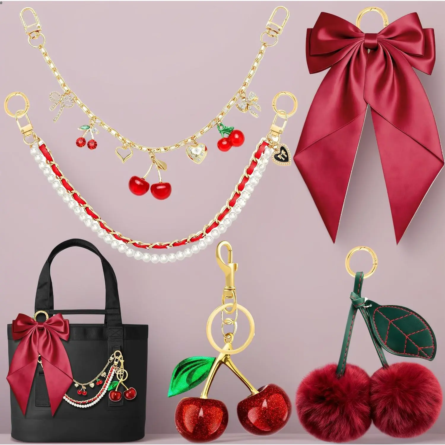 Women's 5pcs DIY Tote Kit - Handbag Decor Accessories Including Cute Bow Charms, Pearl Purse Chain, Strap Extender Chain, Keychain, Compatible with YETI Camino, Bogg Beach Handbags (Cherry)