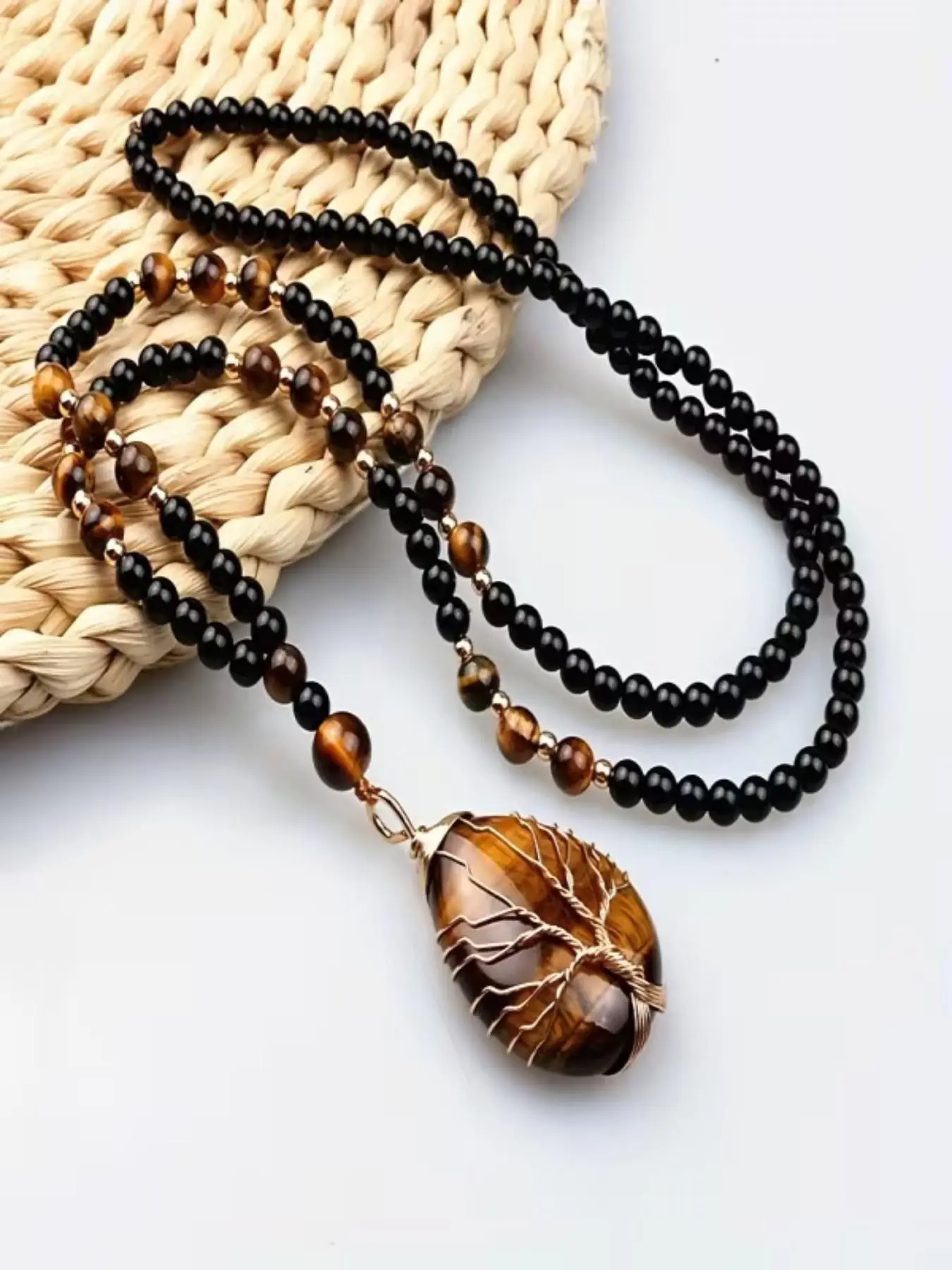 Natural Tiger Eye Tree of Life Pendant Necklace, Retro Casual Long Chain, Beaded Chains, Men's Streetwear Accessory, Perfect Gift for Holidays