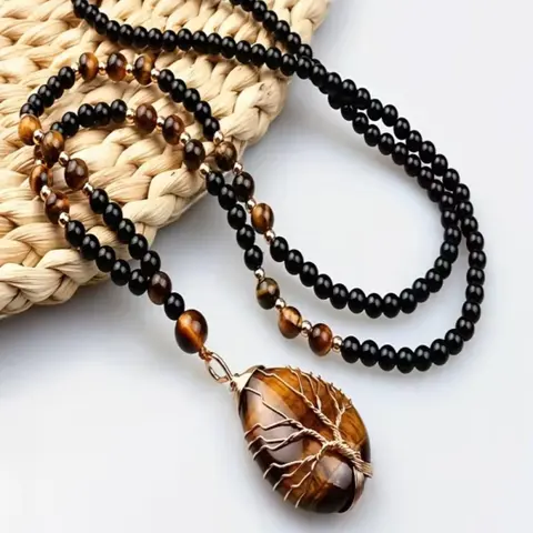 Natural Tiger Eye Tree of Life Pendant Necklace, Retro Casual Long Chain, Beaded Chains, Men's Streetwear Accessory, Perfect Jewelry Gifts for Holidays