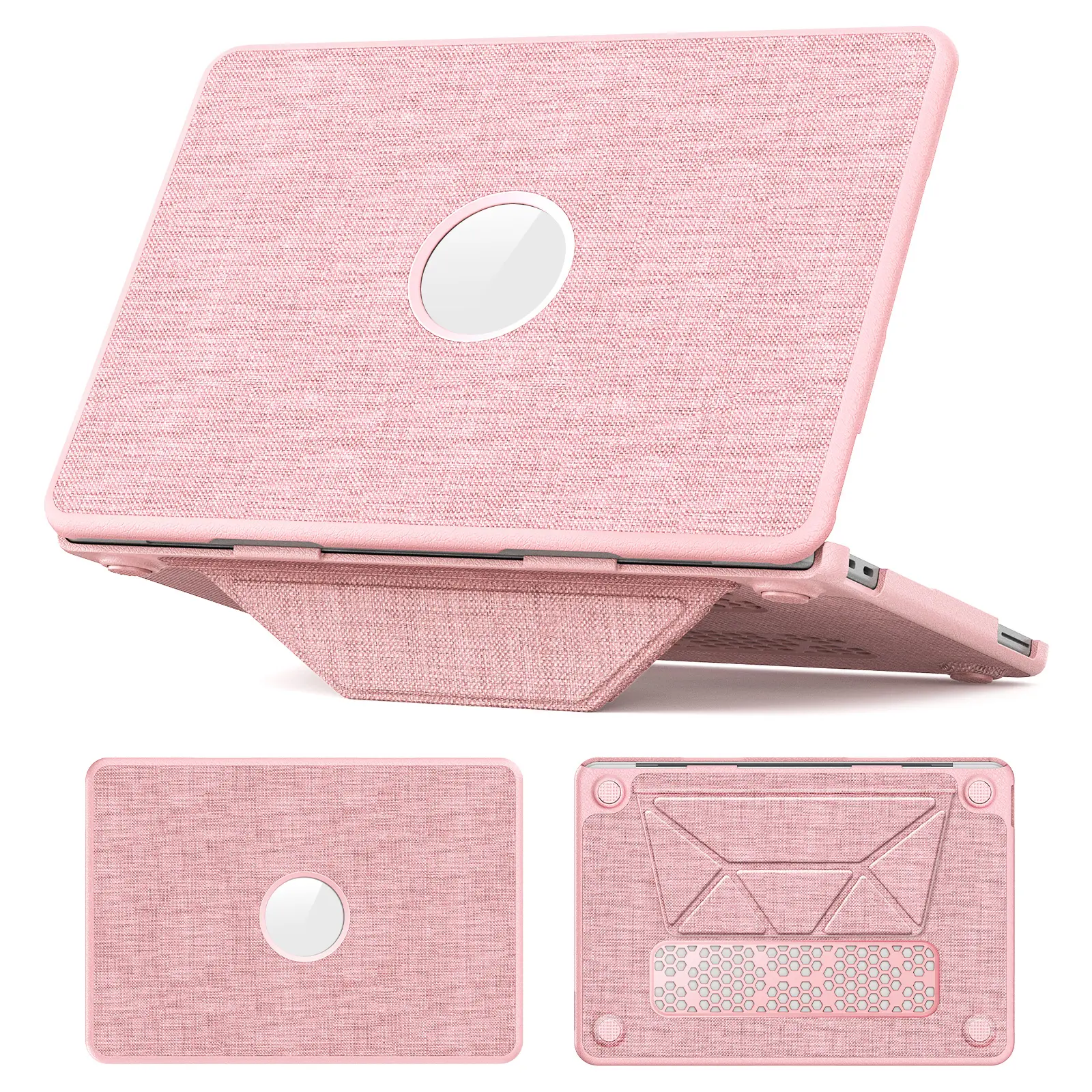 Hard Shell Case For MacBook Neo 13 Inch 2026, Pink Fabric Texture Protective Cover With Anti-Slip Rubber Feet & Bottom Ventilation, Snap On Laptop Protector, Ventilated Cover