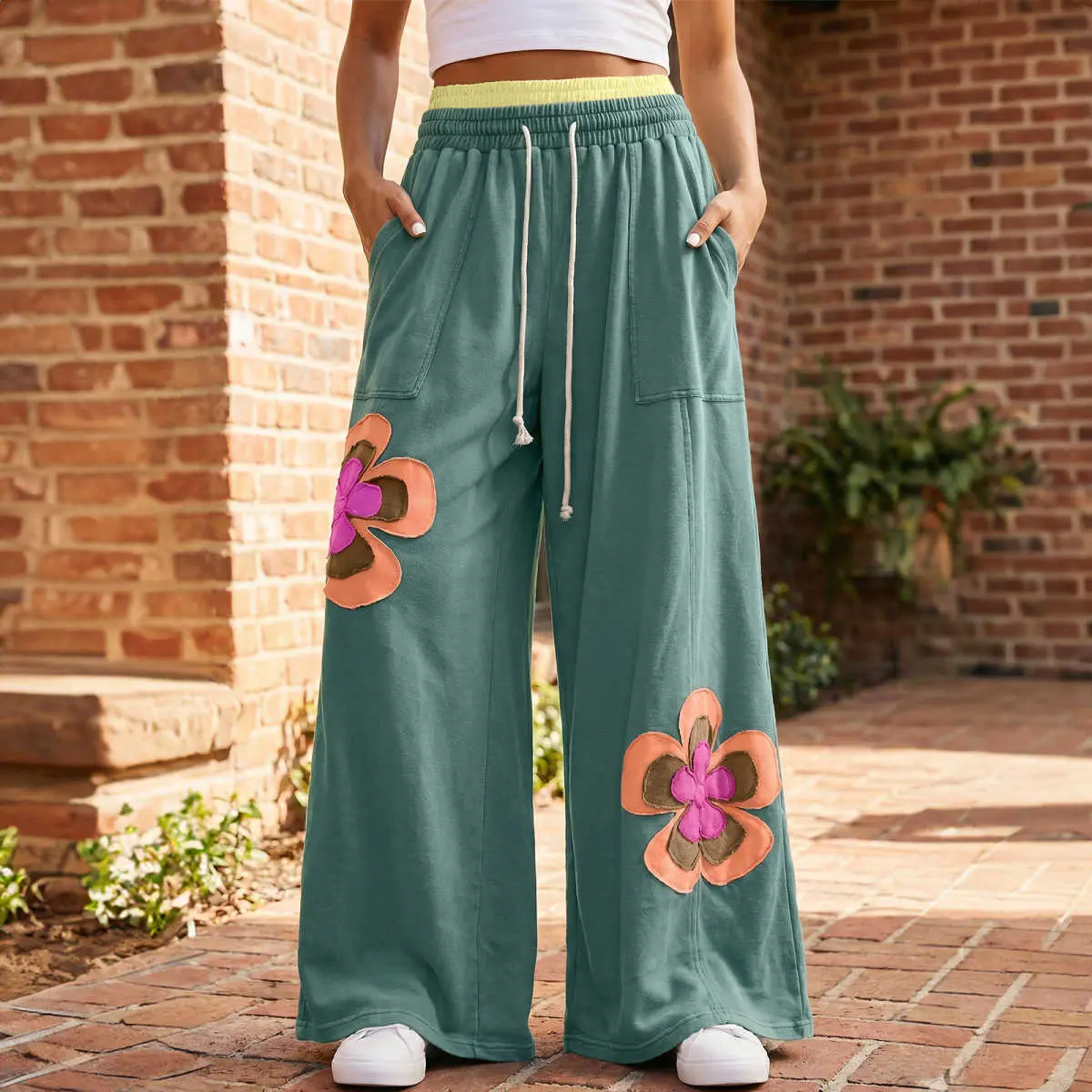 Women's Retro Floral Applique Wide-Leg Cotton Sweatpants - Drawstring Contrasted Elastic Waist, Breathable Boho Fabric Casual Bottoms Womenswear, Boho Clothes For Women