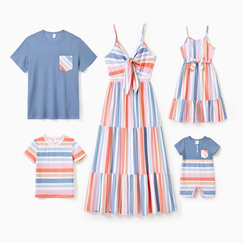 PatPat Family Matching Blue Short-sleeve Tee or Colorful Stripe Camisole Dress Spingtok PatPat Family Matching Blue Short-sleeve Tee or Colorful Stripe Camisole Dress Spingtok