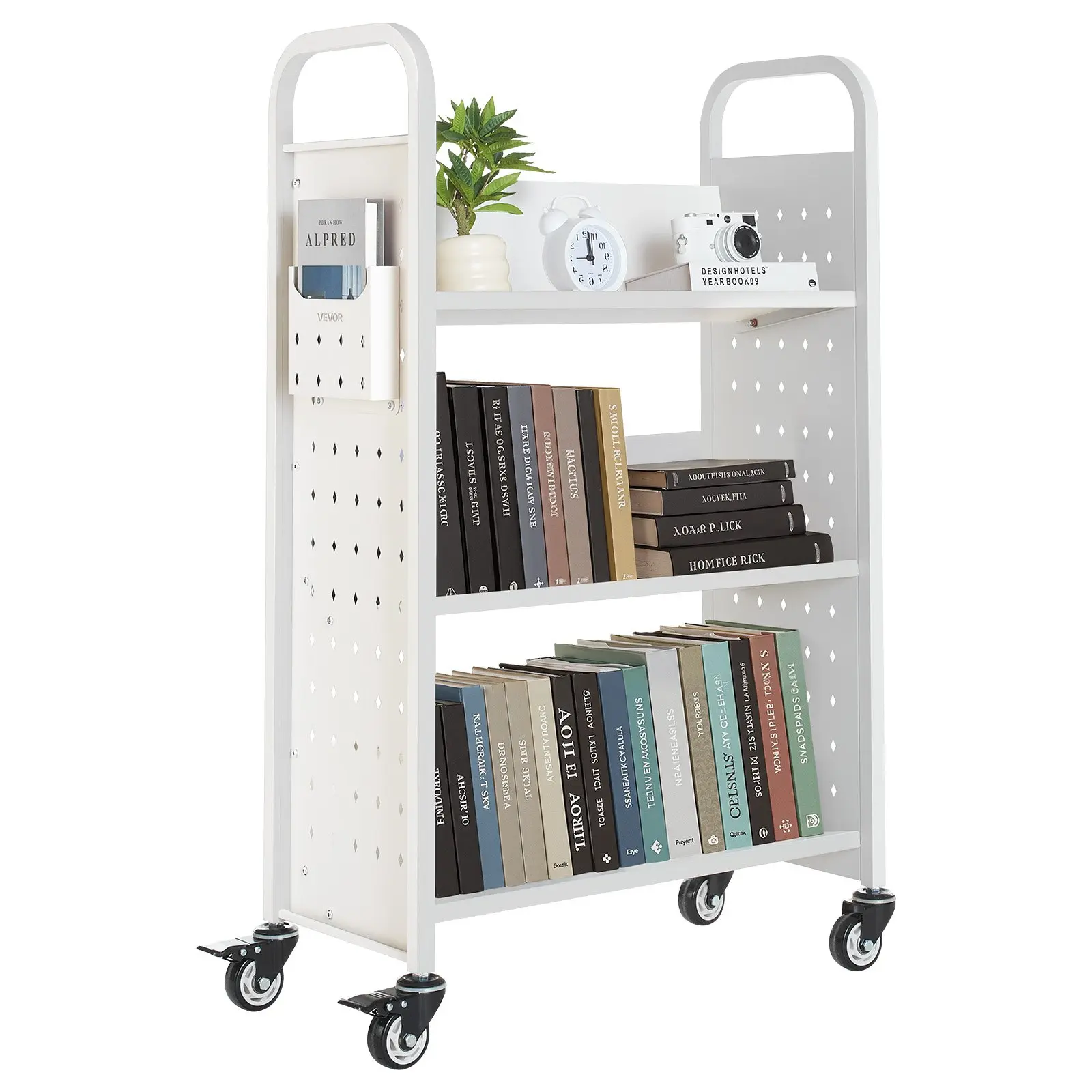 VEVOR Carbon Steel Rolling Library Book Cart, 330lb Capacity, 30.3x15x48" Single-Sided V-Shaped Shelves, 3-in Locking Wheels, Home Office Use White Book Truck