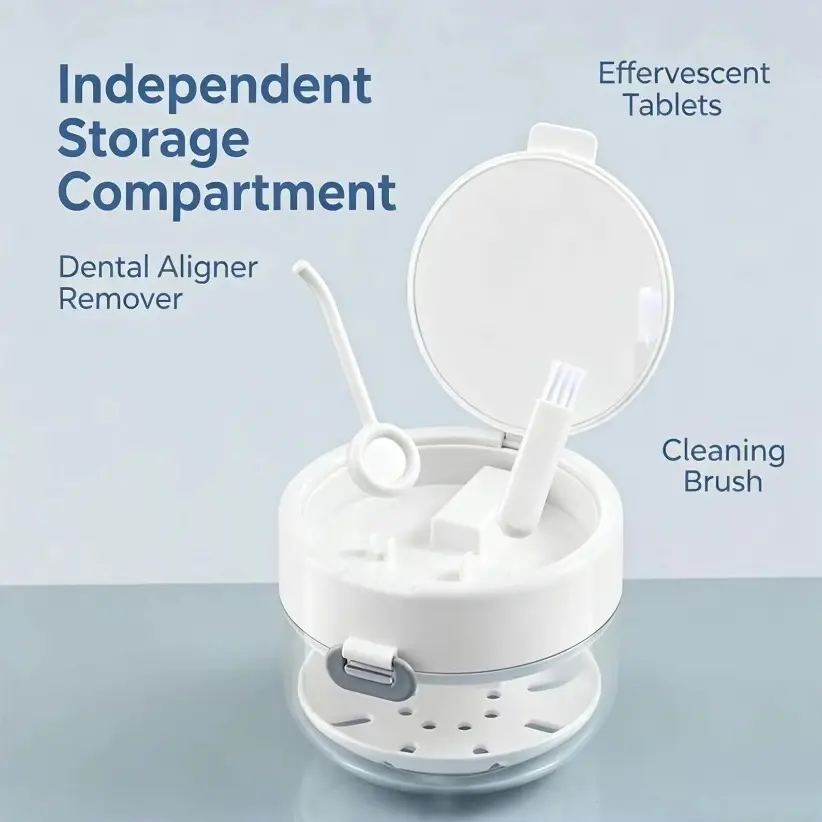 3-in-1 Retainer Case with Mirror & Cleaning Brush,Retainer Mouth Guard Soak Container Box, Auto-Rising Aligner Bath with Strainer Basket for Travel& Daily Care