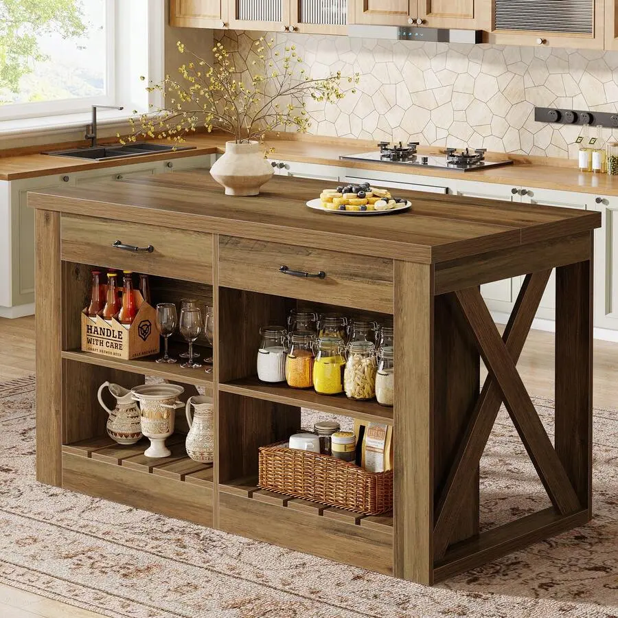 Island With Storage And Seating, 55" Wooden Stationary Island Table, Farmhouse Bar Table With 2 Drawers And Open Shelf (Brown, Only Table)