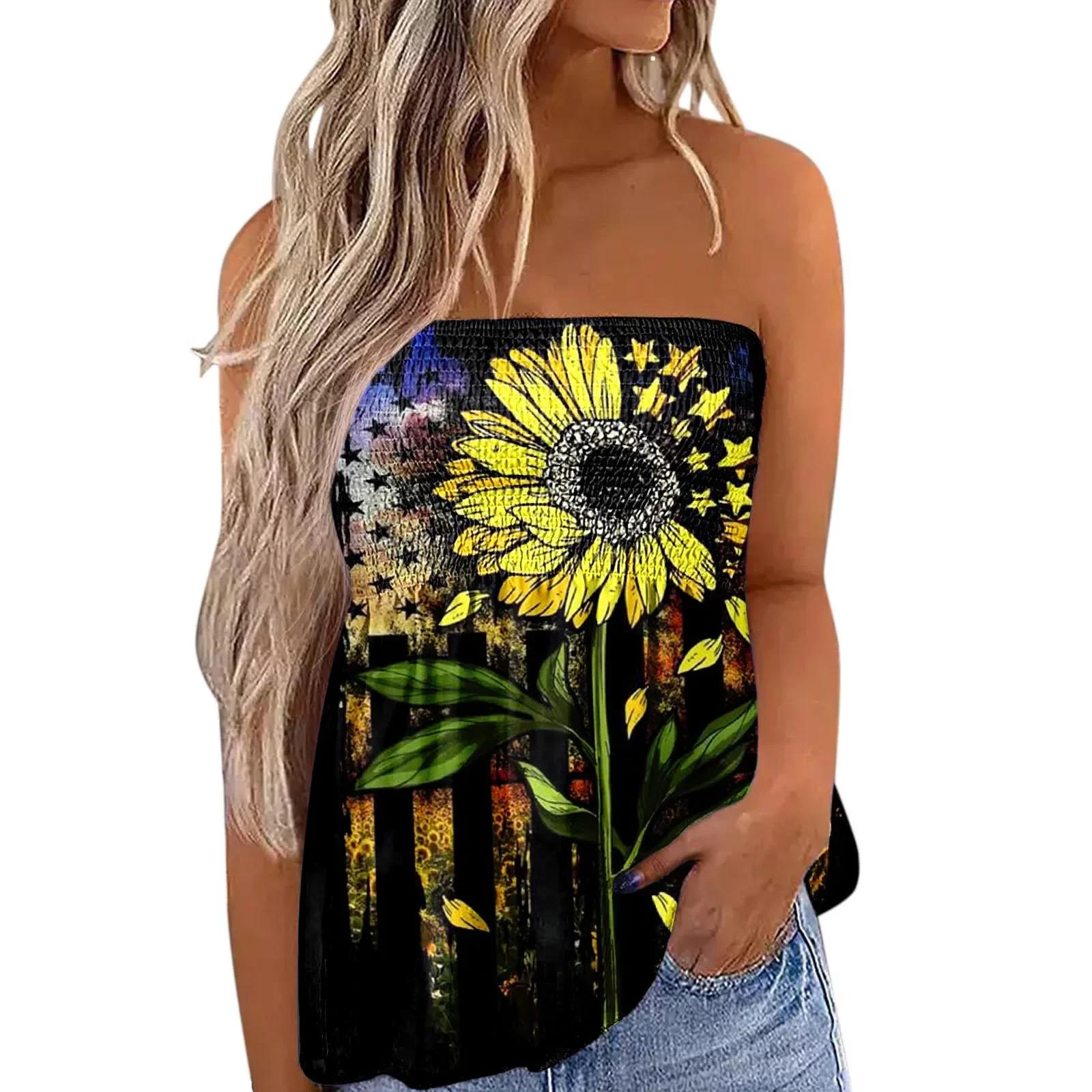 2025 New Women's Fashion Clothing Independence Day Printed Tube Top T-shirt for Women Flowy Strapless Tube Top Blouse