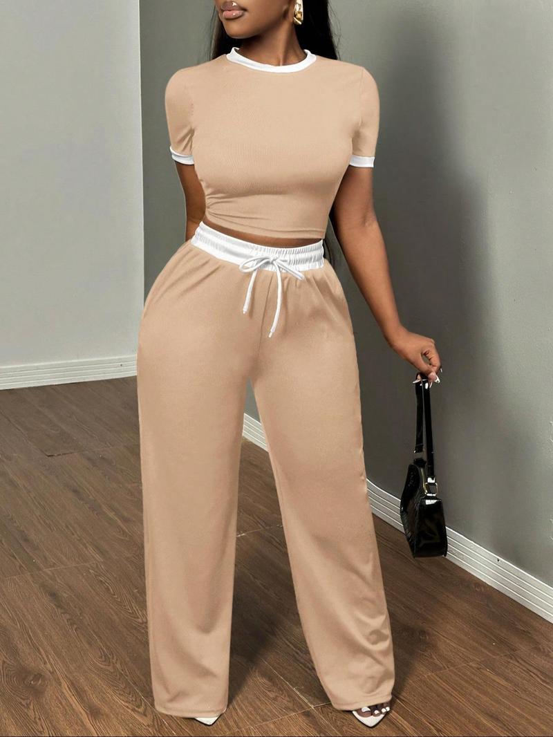 Women's New Casual Colorblock Slim Fit Round Neck Short Sleeve Top, Drawstring Waist Side Pocket Pants Two-Piece Set