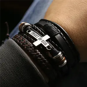 3 Pcs/Set Leather Bracelets Men Bangles For Women Wood Beads Feather TRUST IN GOD Cross Charm Homme Gift Jewelry Freely Shipping