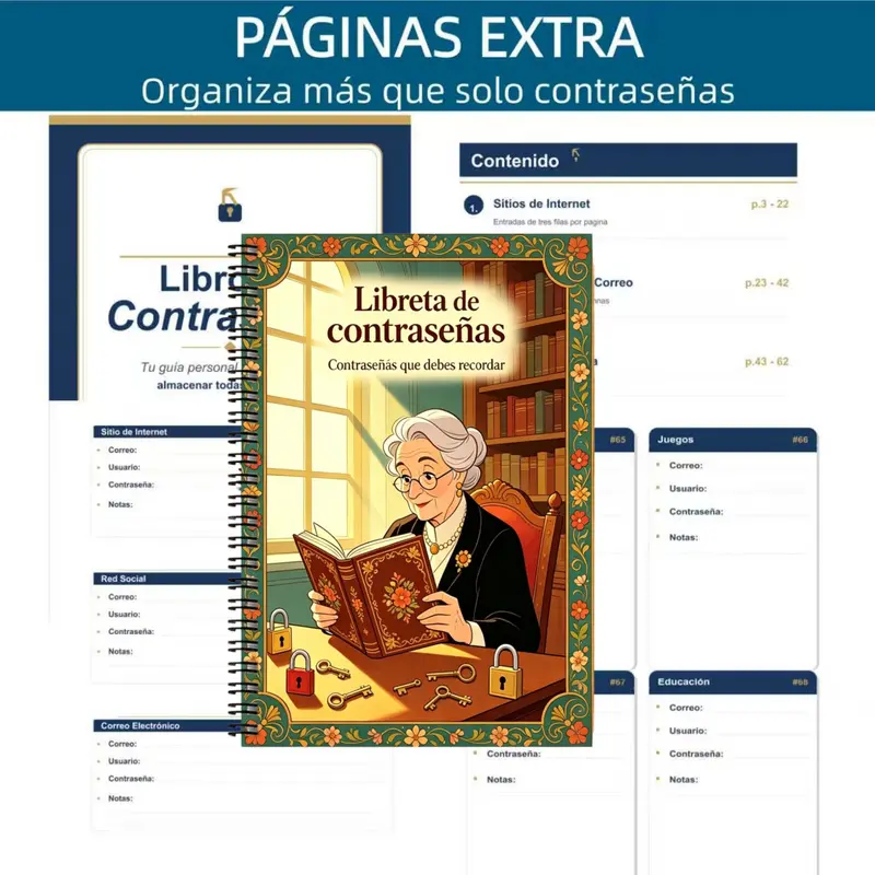 A Spanish-style password journal with a lock pattern and password pages an attractive spiral notebook, perfect for passwords, website logins, phone numbers, addresses | Personal organizer for seniors, office use, travel journal