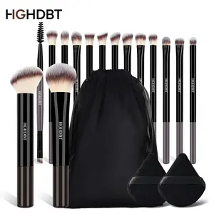 HGHDBT Black 18pcs Professional Makeup Brush Set with 15Pcs Brush Nylon Bristles, 1 Velvet Bag and 2Pcs Triangle Cosmetic Puffs, Suitable for Skin Types, Eyeshadow Brushes, Blending Tools for Daily Use, Holiday Gift for, Beauty Tools for Skin
