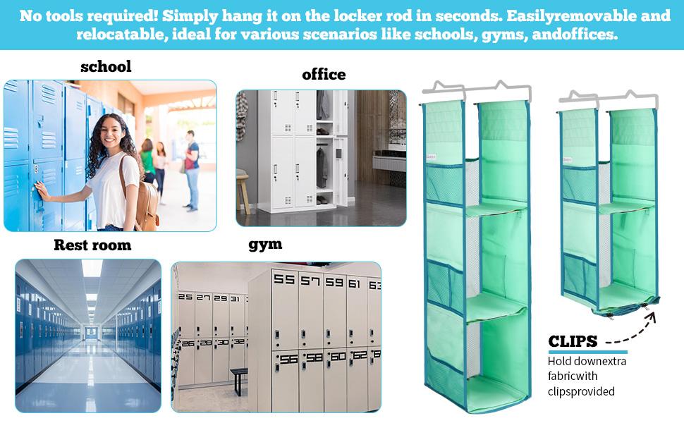 Locker Organizer with Hooks & Shelf, Unibody Steel Frame for Sag-Free Use in School, Gym, Work, Adjustable Storage Solution for Full/Half Lockers (Cyan)