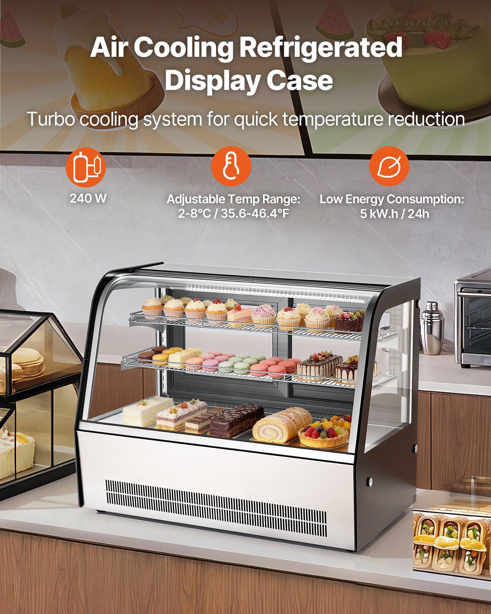 VEVOR Refrigerated Display Case, 5 Cu.Ft./145L Countertop Pastry Display Case, 2-Tier Commercial Cake Refrigerator with LED Lighting, TURBO Cooling, Frost-Free Air-Cooling, for Bakery, Dessert Shop