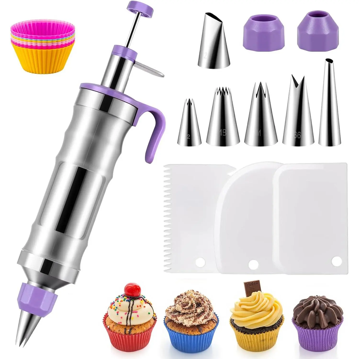 Dessert Decorating  Set, Stainless Steel Frosting & Icing Piping Kit with 6 Tips and 9  Cupcakes,3 Cream Scraper for Cake Decorating Tools Cupcake Decorating Kit ()