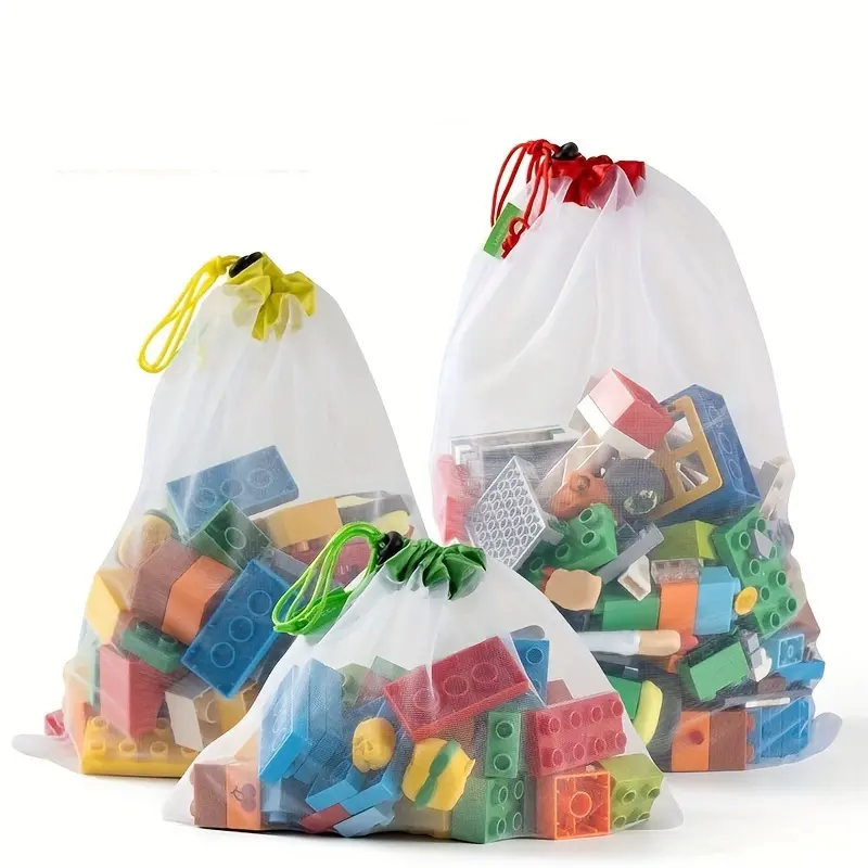 3 Pcs (L+M+S)Transparent Mesh Drawstring Storage Bags, Durable Nylon Organizer for Blocks Toys, Colorful Drawstrings, Easy Access, Room Organization