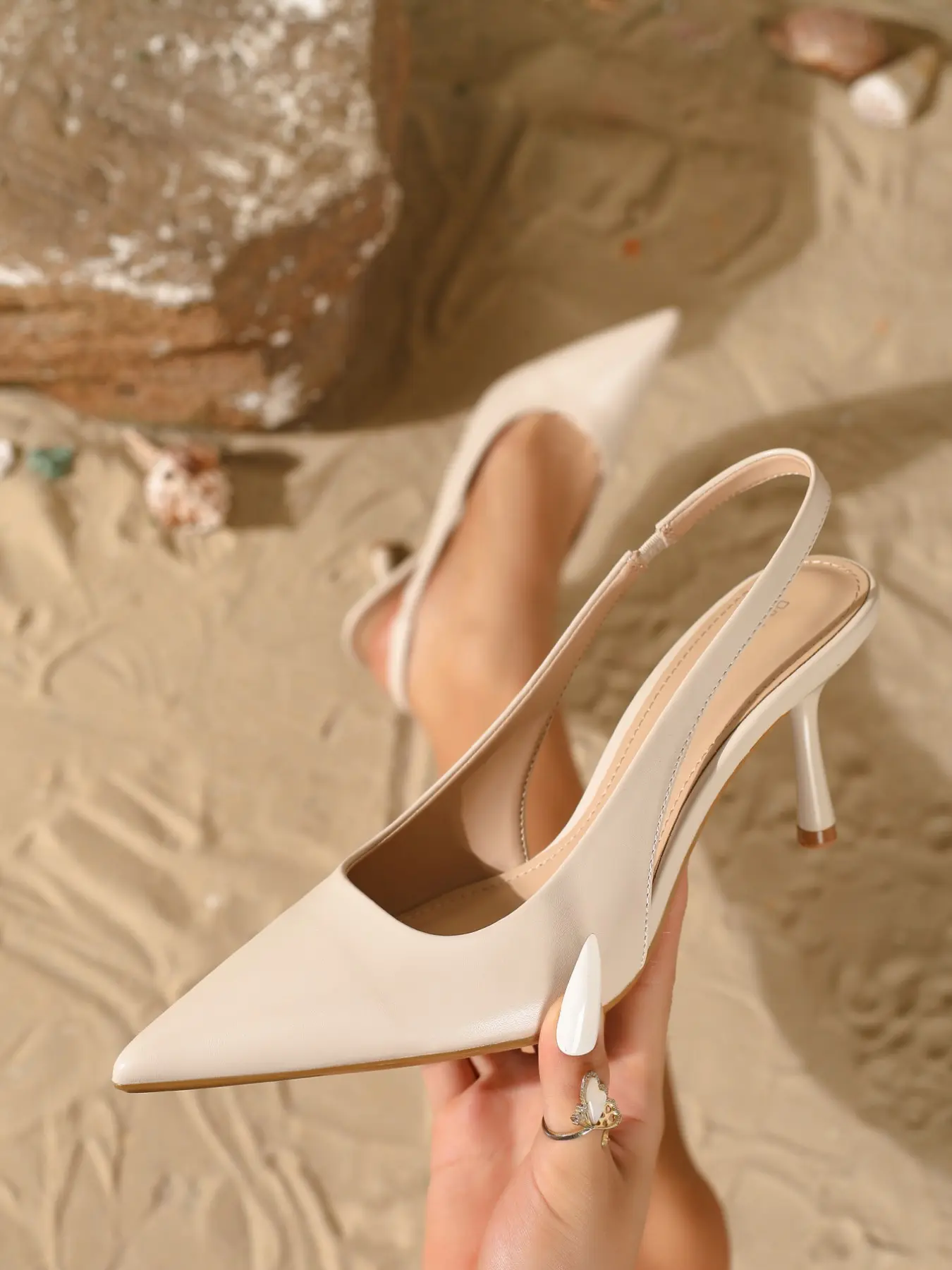 Trendy Nude Back Strap Stiletto Heel, Matte PU Leather Pointed Toe, Elegant Office Wedding Date Shoes, Versatile Women's Footwear