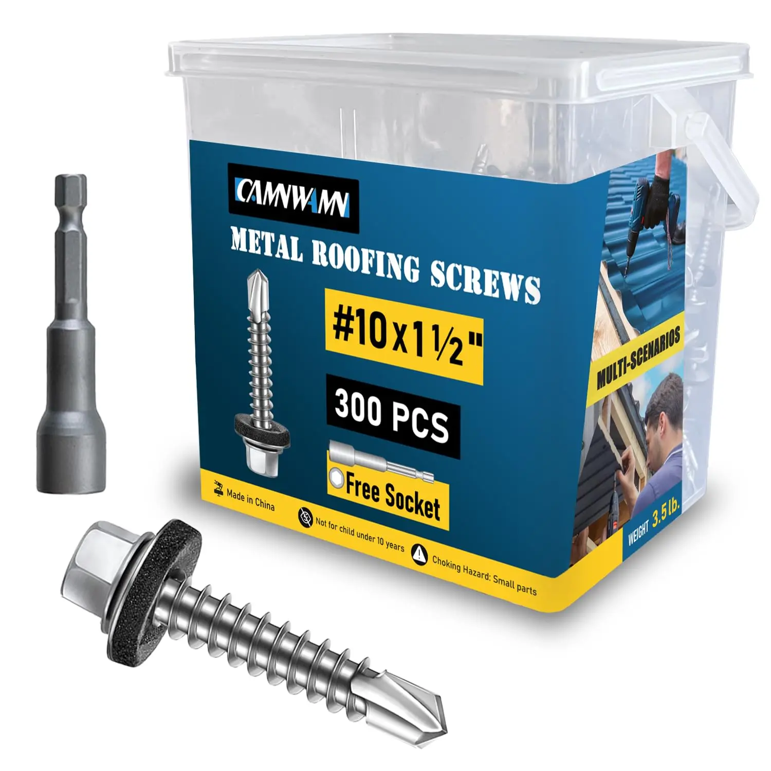 300 count #10 x 1-1/2 Inch Galvanized Metal Roofing Screws, Hex  Drill Point Sheet Metal Roof Screw with Rubber Washer, EPDM Washer, with Hex Drive Bit.
