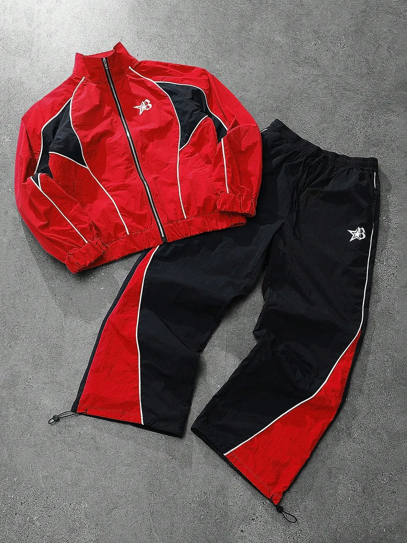 Unisex Colorblock Two-Piece Sports Set, Star Logo Stand Collar Zipper Windproof Jacket + Drawstring Long Pants, Yk Streetwear Casual
