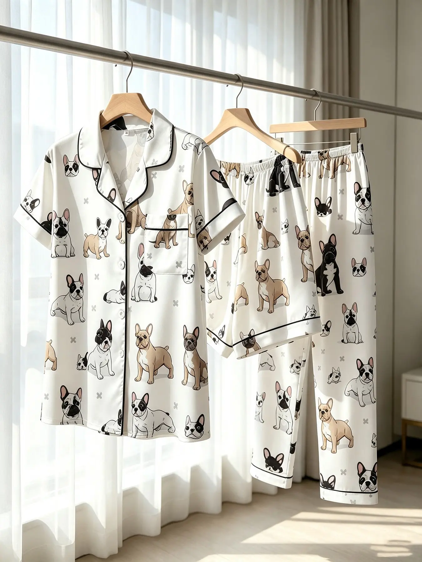 Women's 3-Piece Button-Down Pajama Set, Cute French Bulldog Print on White, All Season Wear, Loose Comfortable, Versatile Loungewear Set for Relaxing & Working