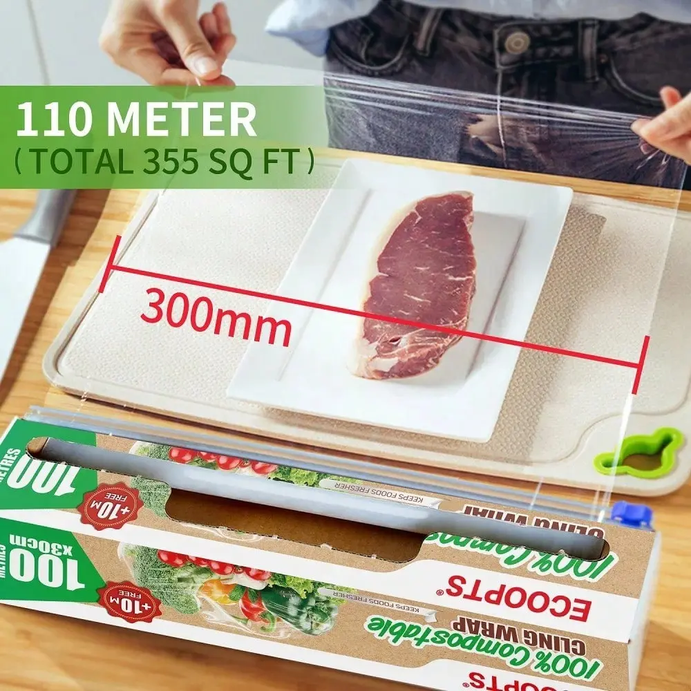 100% Biodegradable Plastic Wrap Roll, 12 Inches X 360 Feet, Food Storage Film, Eco-Friendly Kitchen Essential, Durable & Safe