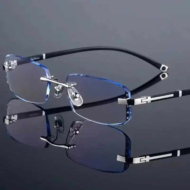 Myopia Glasses Frameless HD Optional Photochromic Glasses Anti Blue  Men's Anti Fatigue Clear Glasses