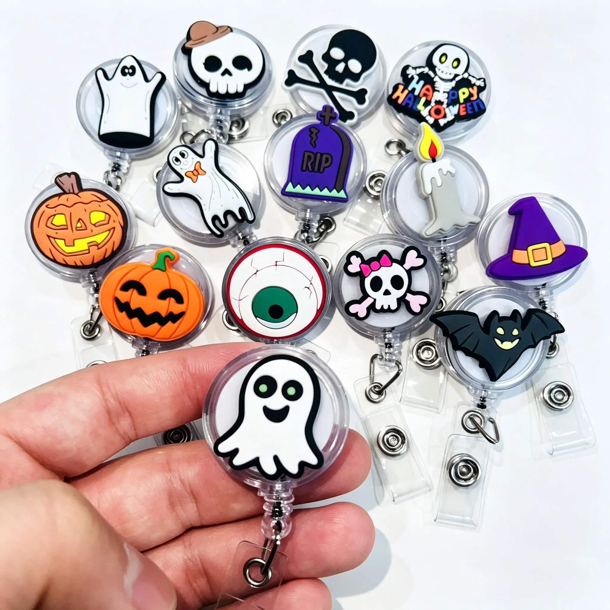 14pcs Halloween Retractable Badge Reels, Ghost Pumpkin Skull Designs, Acrylic ID Clips, Perfect Gifts for Nurses Teachers