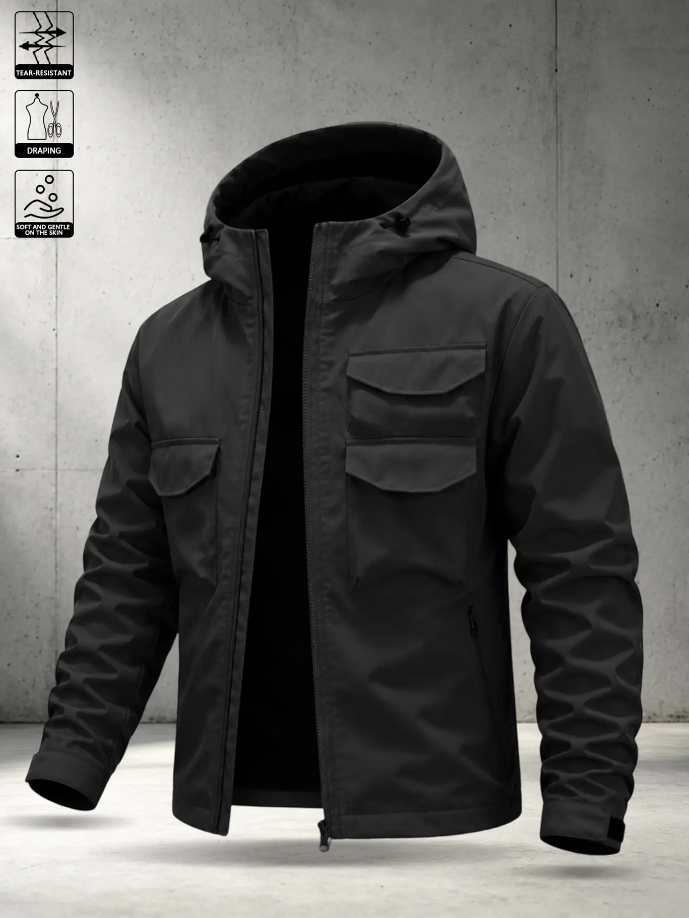 Men's Hooded Workwear Zipper Jacket, Outdoor Casual Loose Fit Multi-Pocket Coat, Long Sleeve Flying Jacket for All Seasons