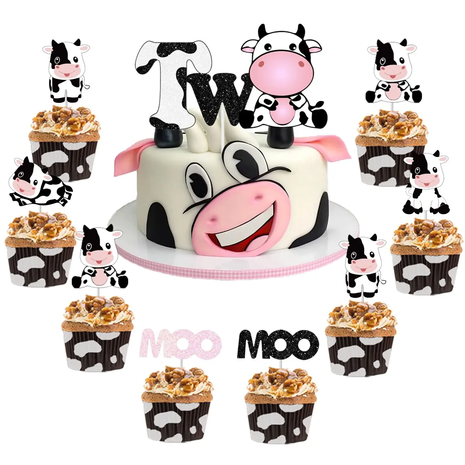 1Set Cow Cake Topper Set for 2anniversary Birthday with One Cake Topper 24 Pack Cupcake Picks Girls Cow Moo Moo Themed Second Birthday Party Decorations