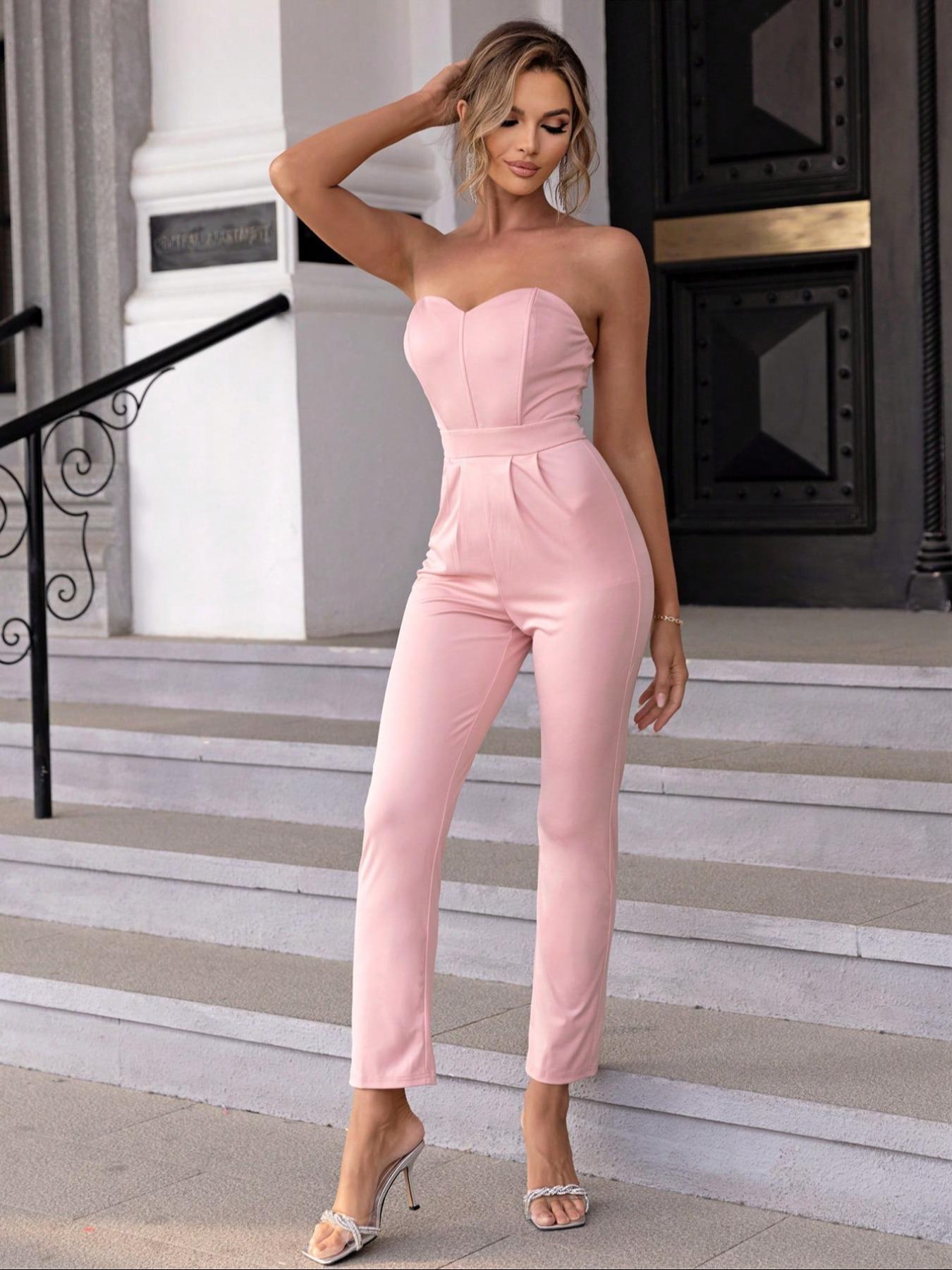 Women's Solid Backless High Waist Fitted Tube Jumpsuit,  Summer Clothes Women, Sleeveless Strapless Jumpsuit for Party Club Dating, Ladies Summer Clothes Womenswear Style Fit