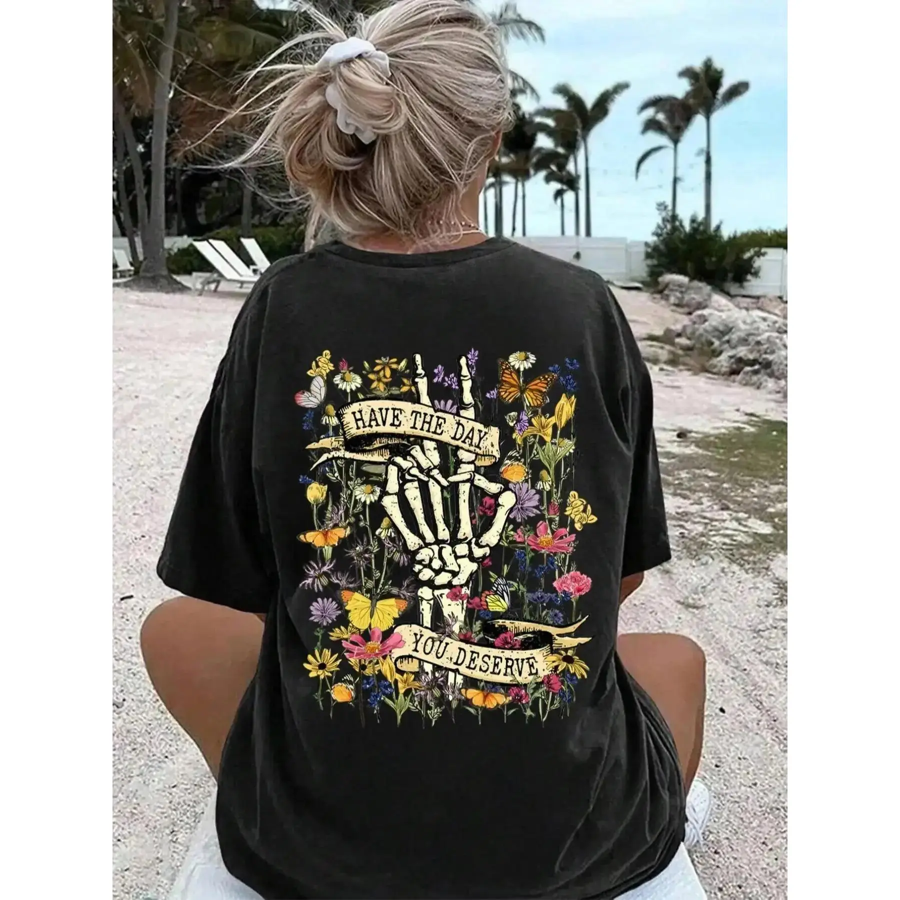 180G Cotton Oversized Skeleton Hand Graphic Top - Vintage Floral Wildflower Butterfly Back Printed Short-Sleeve Boho Cottagecore Casual Wear Tee for Self-Love Positivity